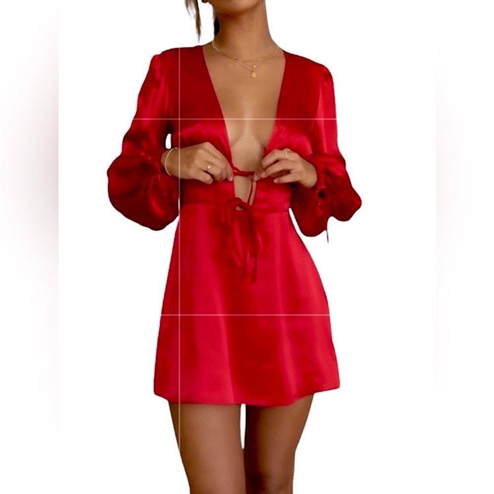 COMMENSE red deep v-neck mini dress